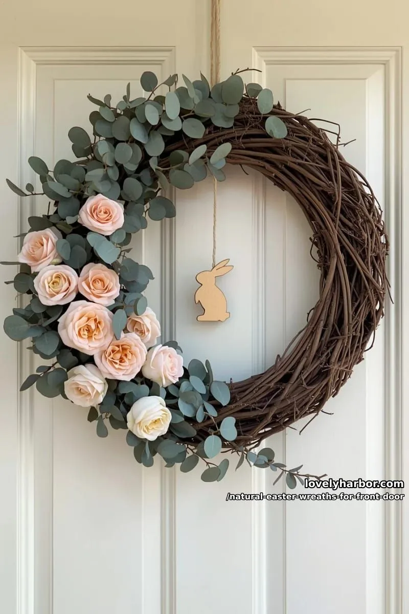 grapevine circle with fresh eucalyptus, blush roses, and hanging wooden bunny 1