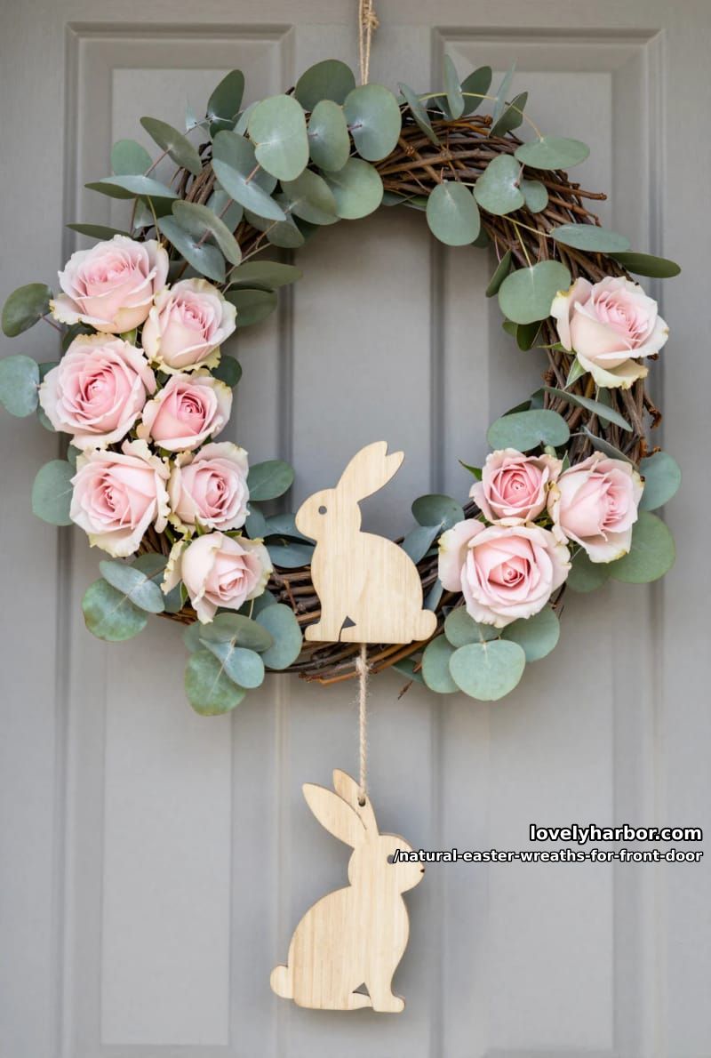 grapevine circle with fresh eucalyptus, blush roses, and hanging wooden bunny 1