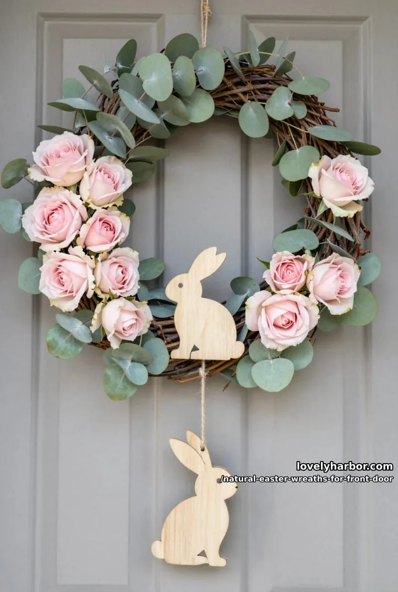 grapevine circle with fresh eucalyptus, blush roses, and hanging wooden bunny 1