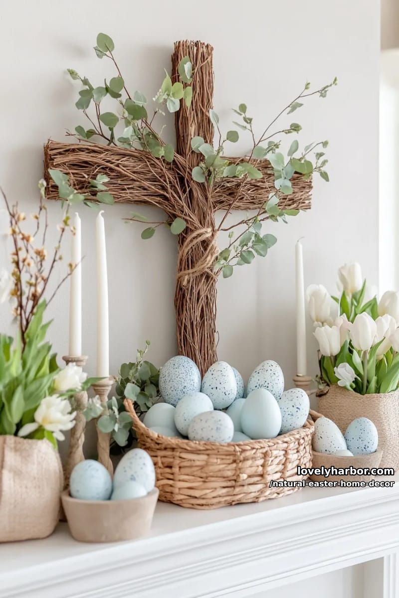 grapevine cross adorned with greenery and speckled eggs for the mantel 1