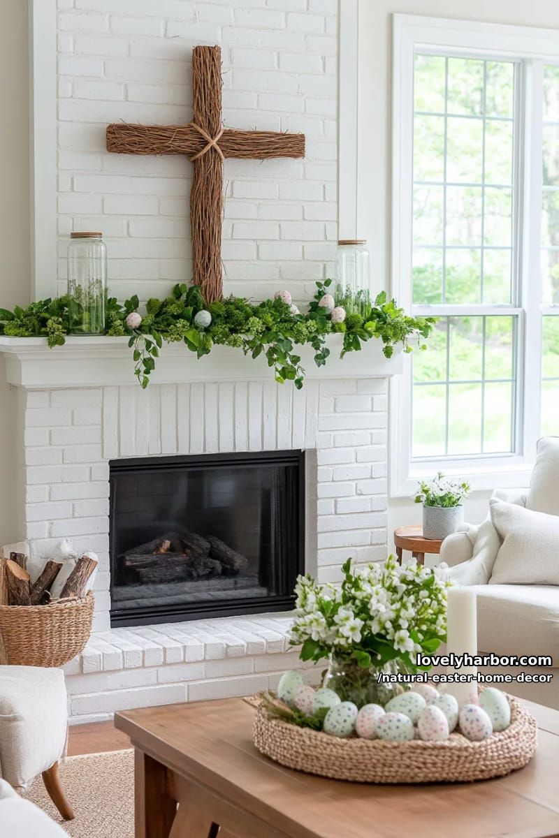 grapevine cross adorned with greenery and speckled eggs for the mantel 1