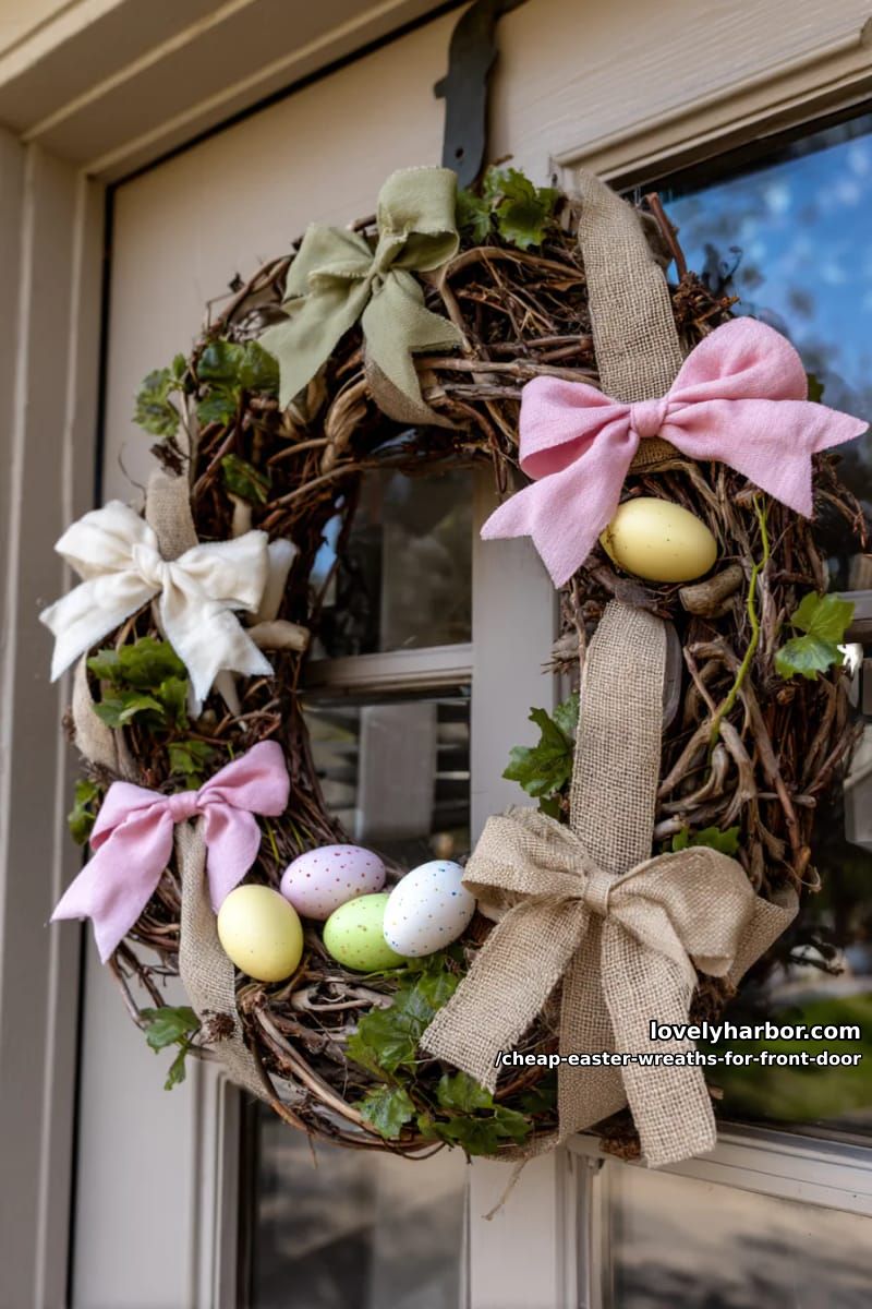 grapevine wreath wrapped in burlap and ribbon bows 1