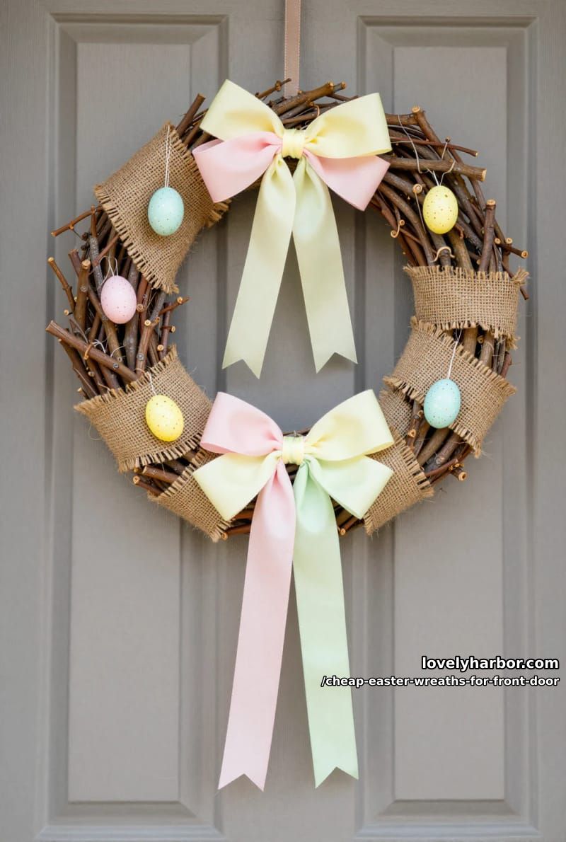 grapevine wreath wrapped in burlap and ribbon bows 1
