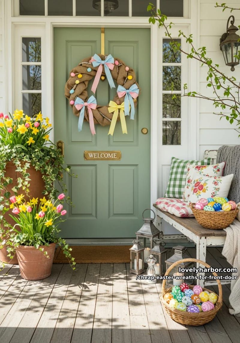 grapevine wreath wrapped in burlap and ribbon bows 1