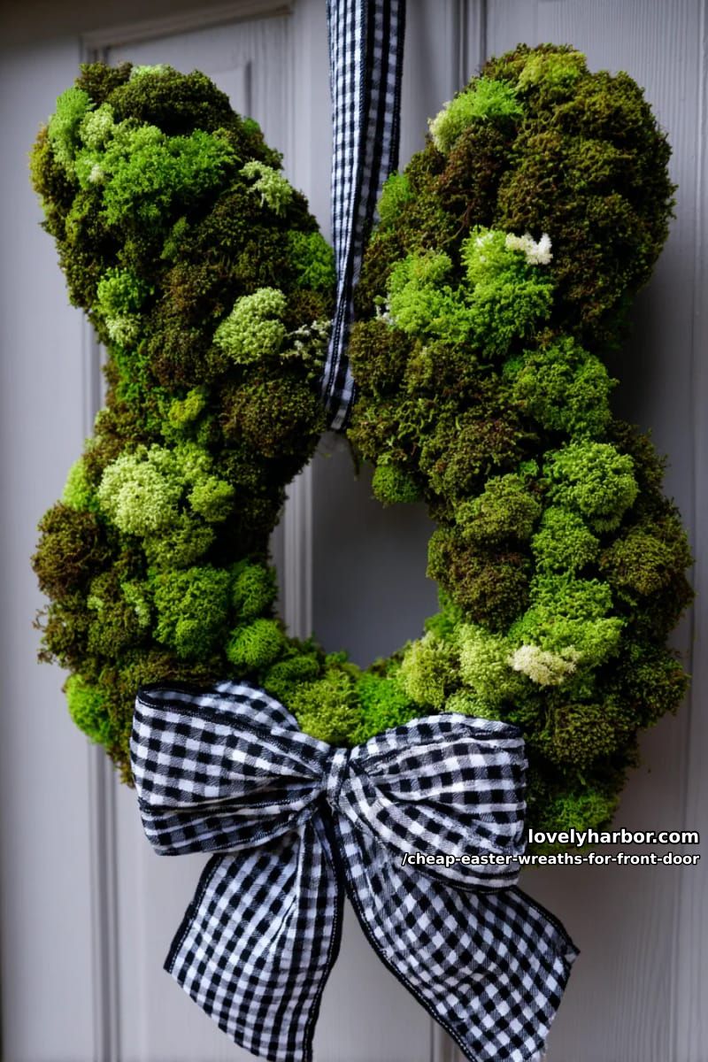 green moss bunny head wreath tied with gingham ribbon 1