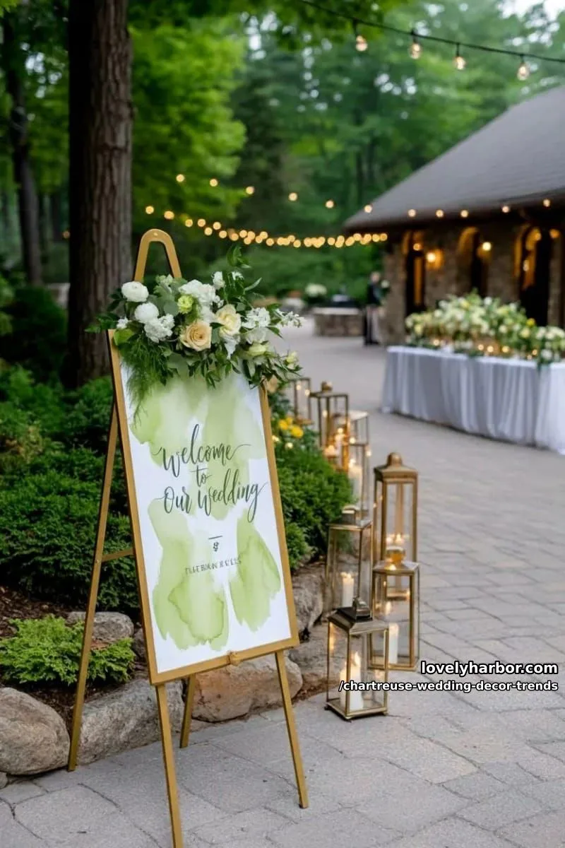 15 Chartreuse Wedding Decor Trends You Should Try 27 green-themed welcome sign with chartreuse watercolor brushstrokes 1