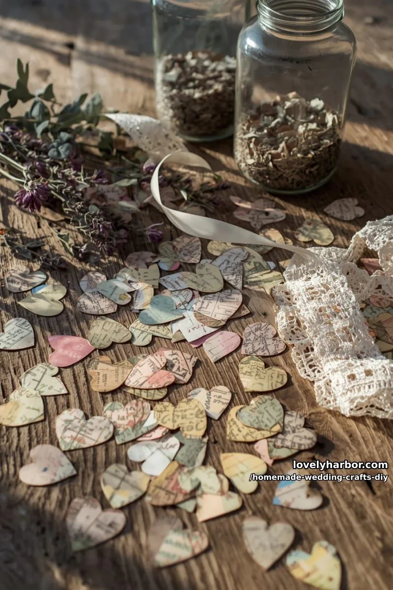 19 Homemade Wedding Crafts DIY To Wow Your Guests 37 hand-cut heart confetti from vintage maps or sheet music 1