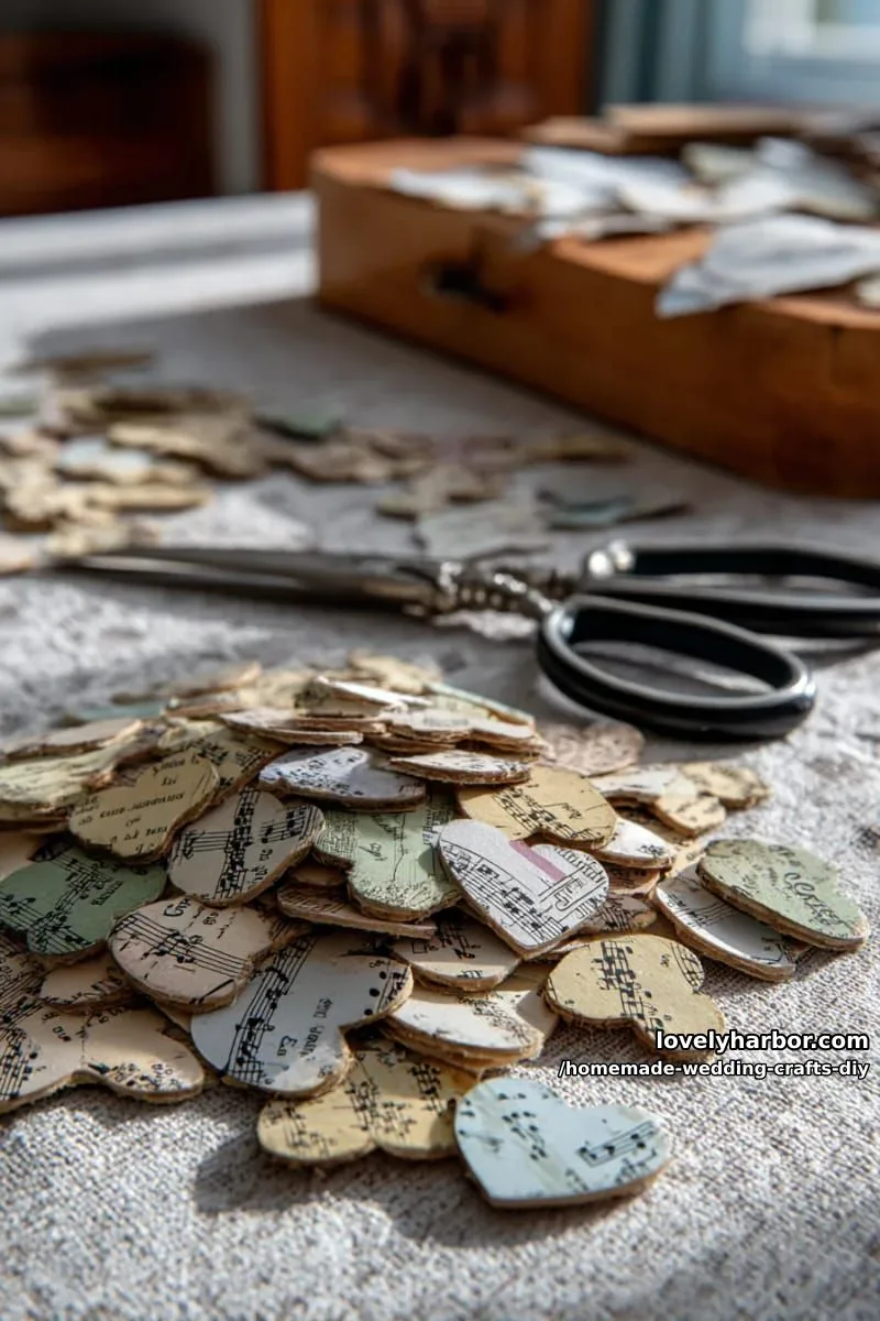 19 Homemade Wedding Crafts DIY To Wow Your Guests 38 hand-cut heart confetti from vintage maps or sheet music 1