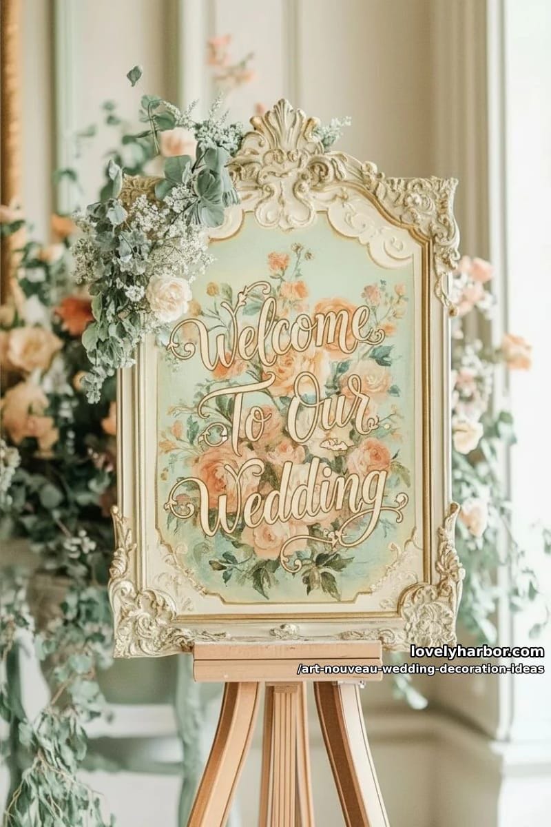 hand-painted art nouveau style signage using flowing botanical motifs 1