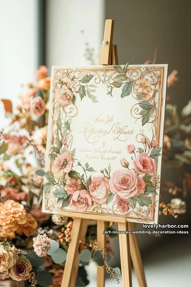 hand-painted art nouveau style signage using flowing botanical motifs 1