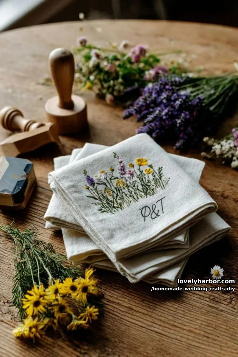 19 Homemade Wedding Crafts DIY To Wow Your Guests 10 hand-stamped linen napkins featuring couple’s initials and wildflower prints 1