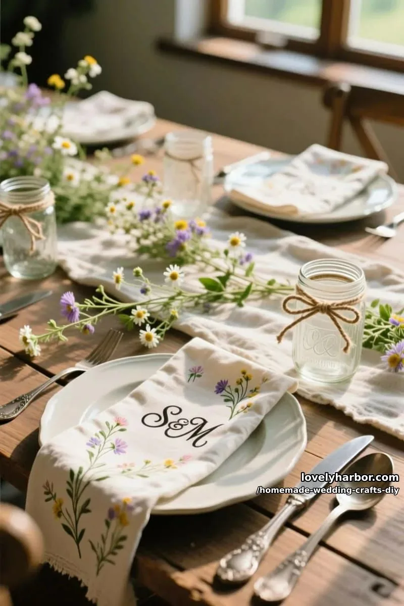 19 Homemade Wedding Crafts DIY To Wow Your Guests 11 hand-stamped linen napkins featuring couple’s initials and wildflower prints 1