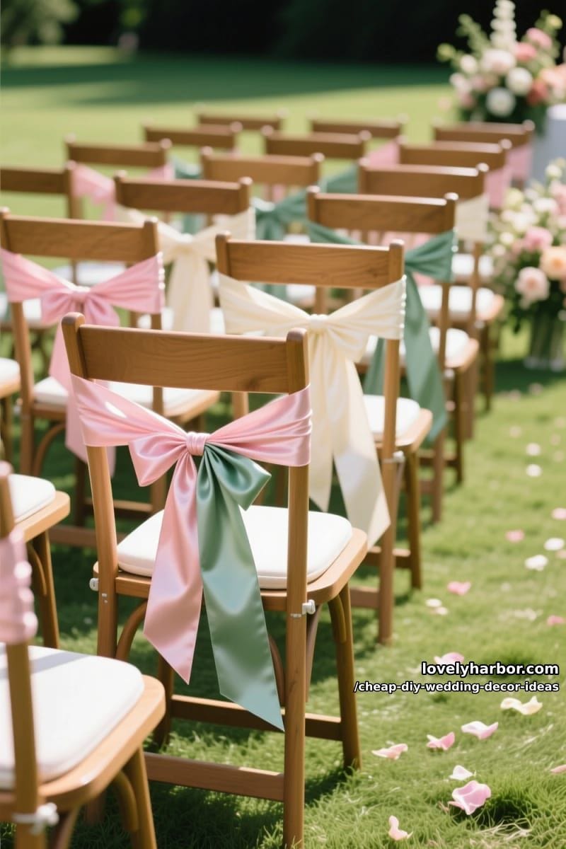 hand-tied ribbon chair sashes in coordinated wedding colors 1