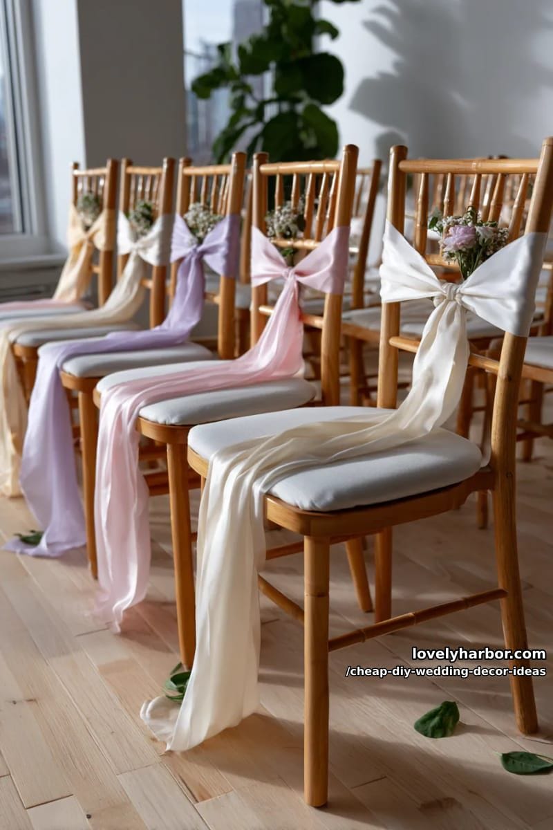 hand-tied ribbon chair sashes in coordinated wedding colors 1