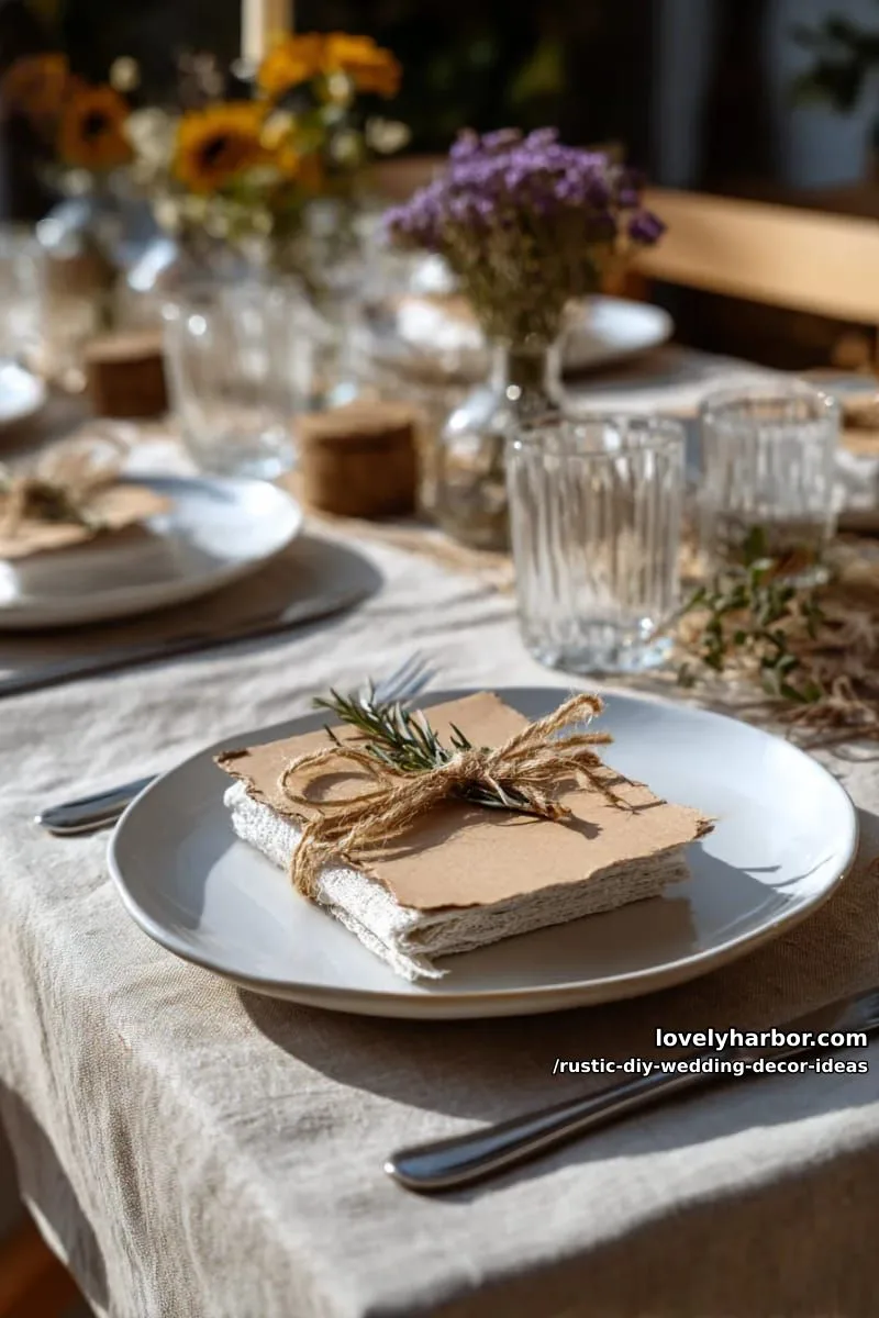 19 Rustic DIY Wedding Decor Ideas with Dreamy Vibes 33 handmade kraft paper place cards tied with jute string 1
