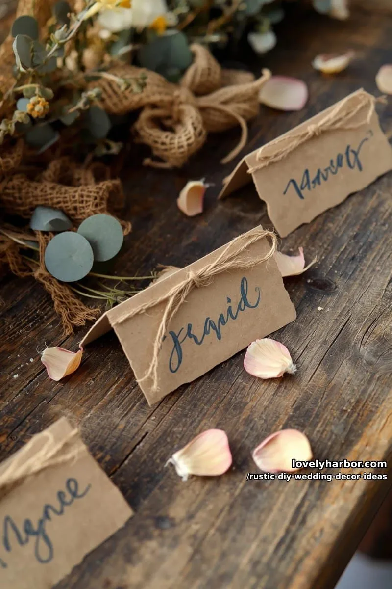 19 Rustic DIY Wedding Decor Ideas with Dreamy Vibes 34 handmade kraft paper place cards tied with jute string 1