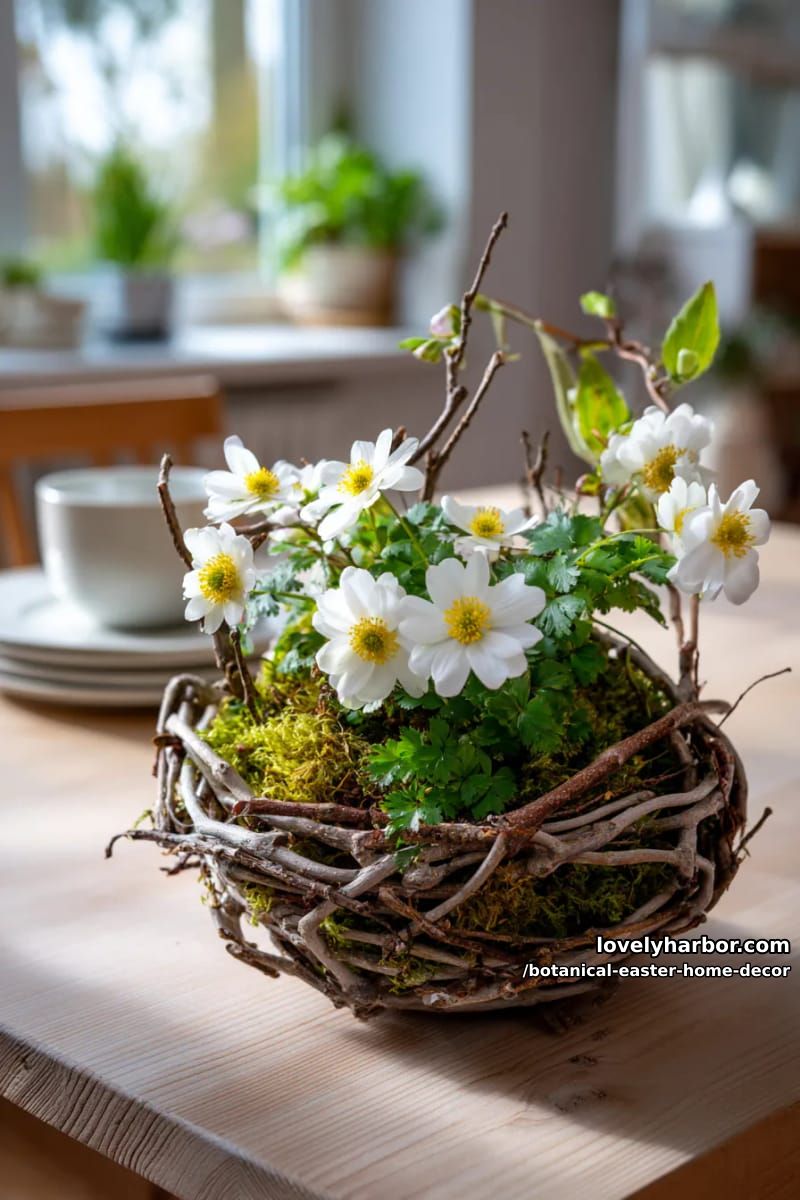 handmade moss and twig easter centerpiece with scattered daisies 1