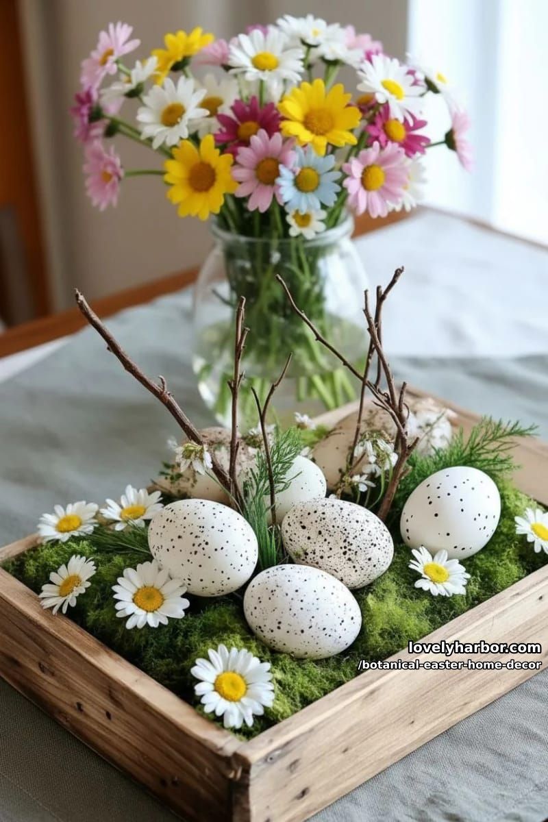 handmade moss and twig easter centerpiece with scattered daisies 1