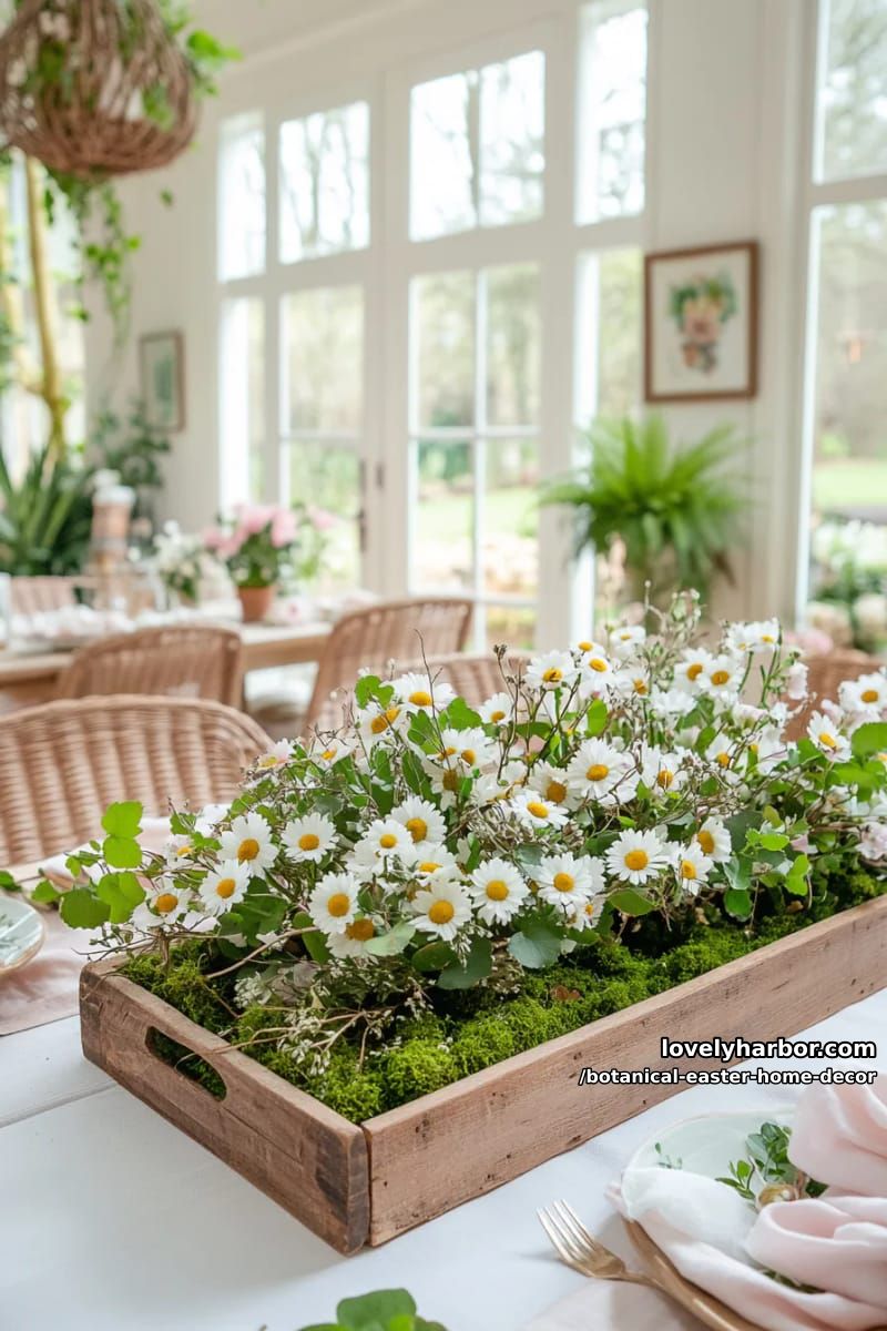 handmade moss and twig easter centerpiece with scattered daisies 1