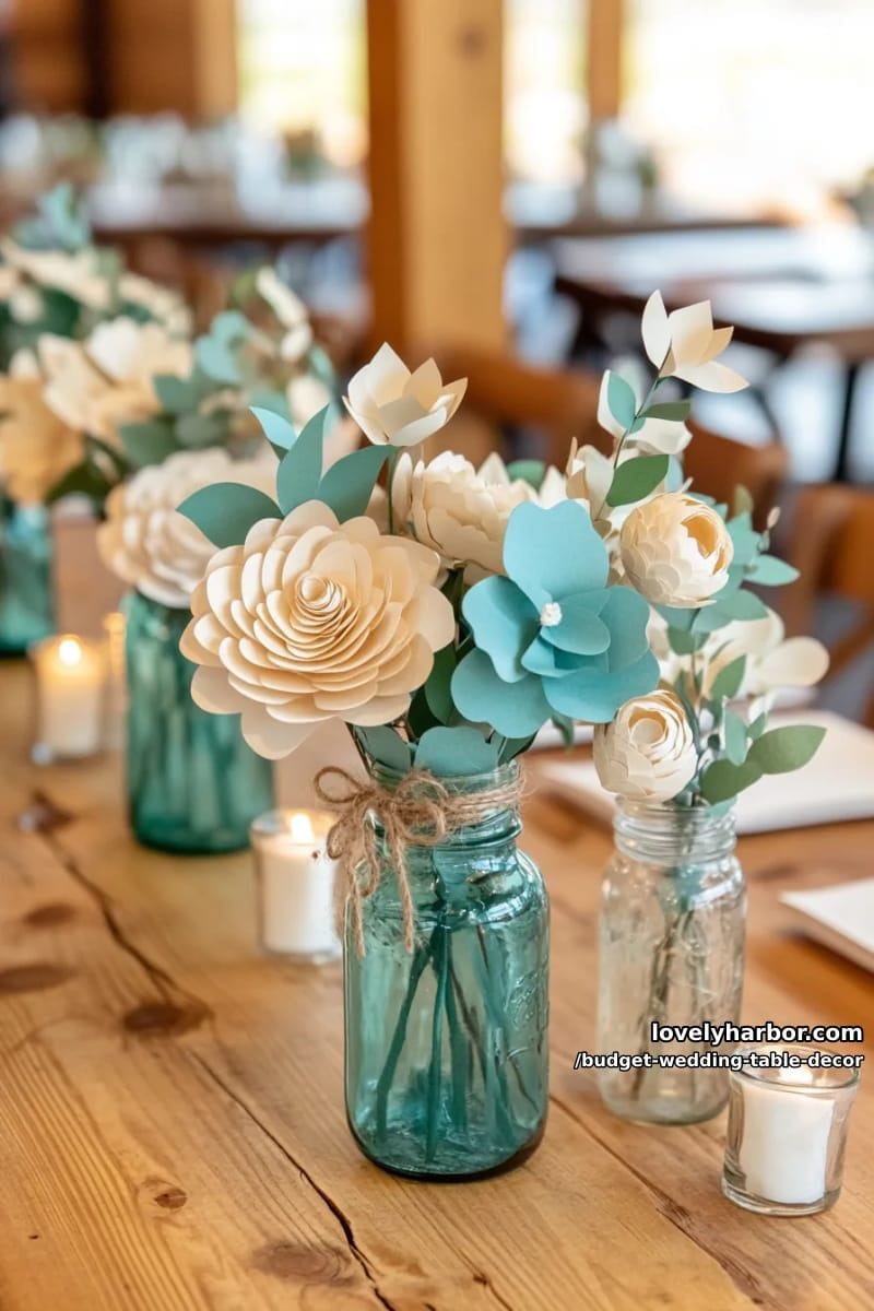 handmade paper flower arrangements in recycled glass bottles for a sustainable touch 1