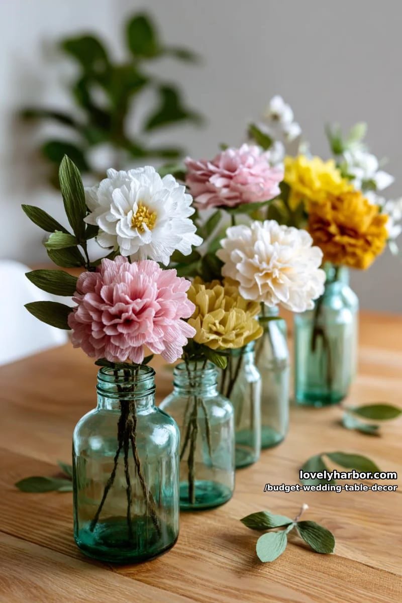 handmade paper flower arrangements in recycled glass bottles for a sustainable touch 1