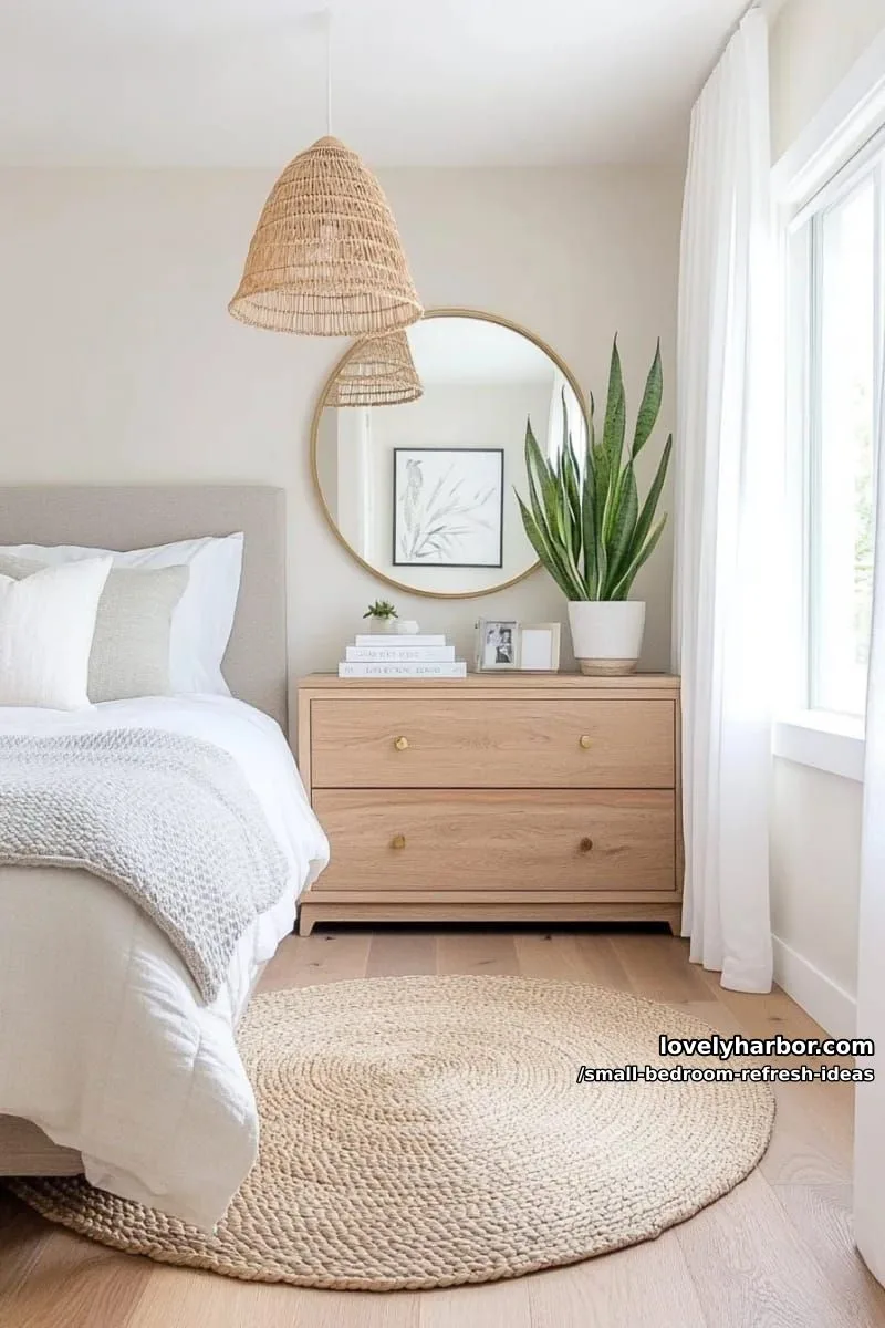 hang a rounded, oversized mirror to magnify light and create depth 1
