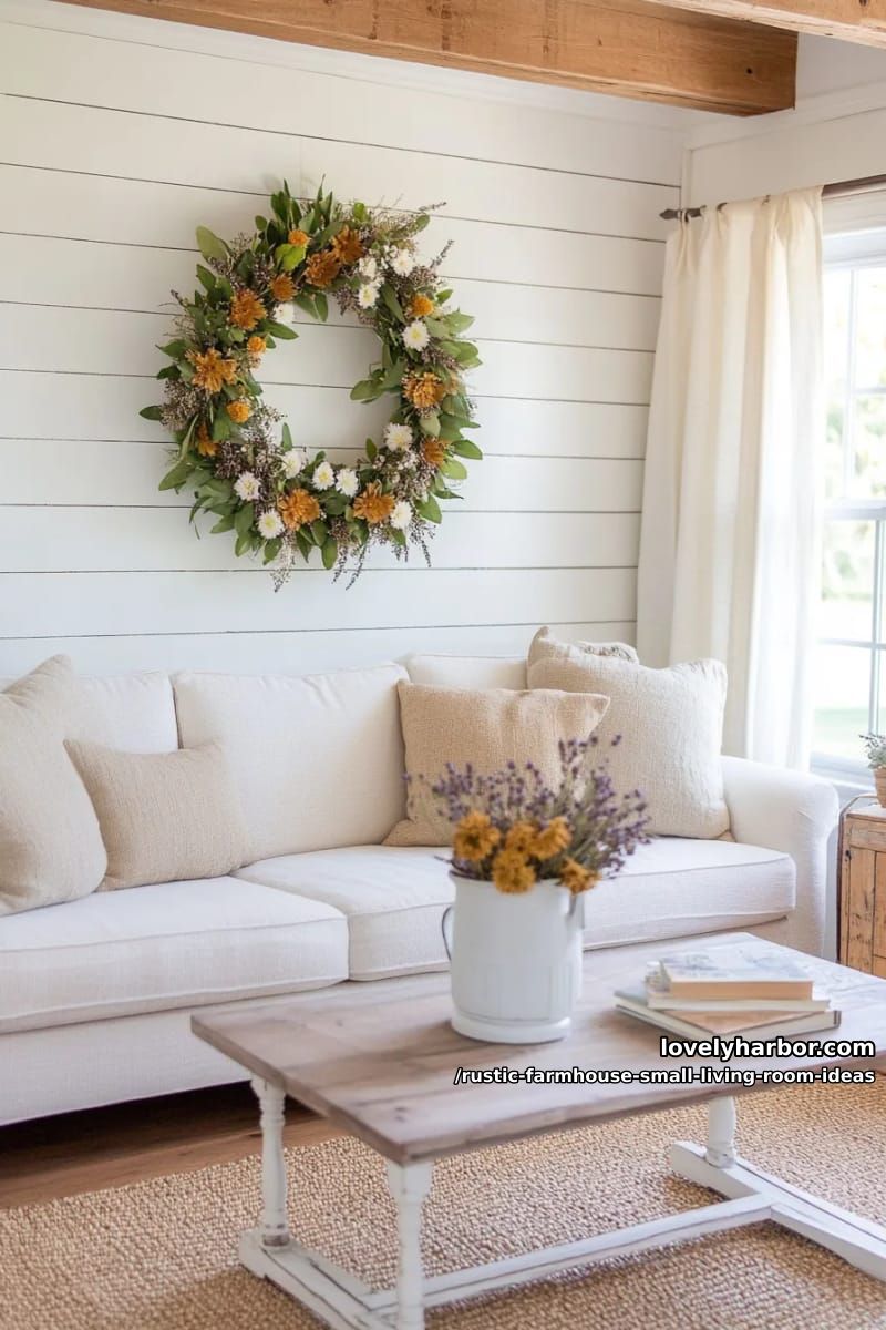 hang a wreath made from dried wildflowers above the couch 1