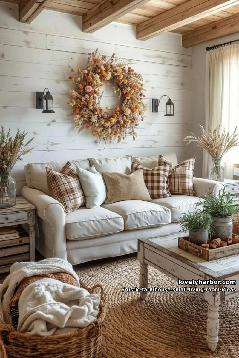hang a wreath made from dried wildflowers above the couch 1