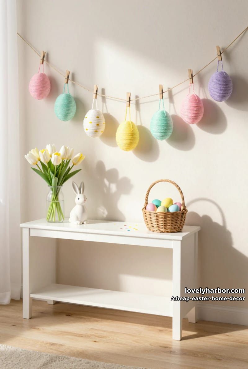 hang an easter egg garland made from yarn-wrapped balloons 1