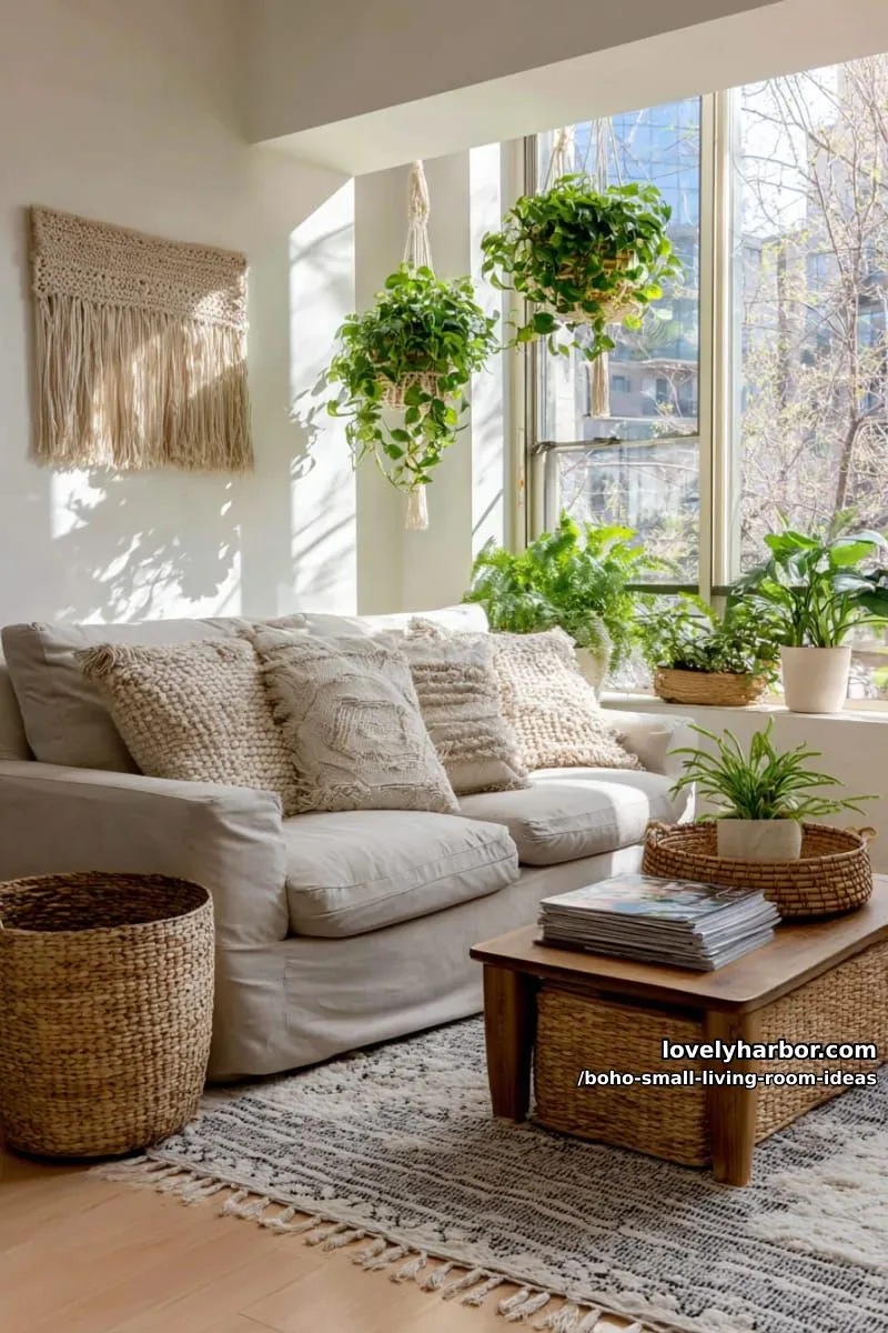 15 Boho Small Living Rooms Ideas That Turn Tiny Spaces Into Cozy Sanctuaries 10 hang macramé plant holders near sunlight-filled windows for lush greenery. 1