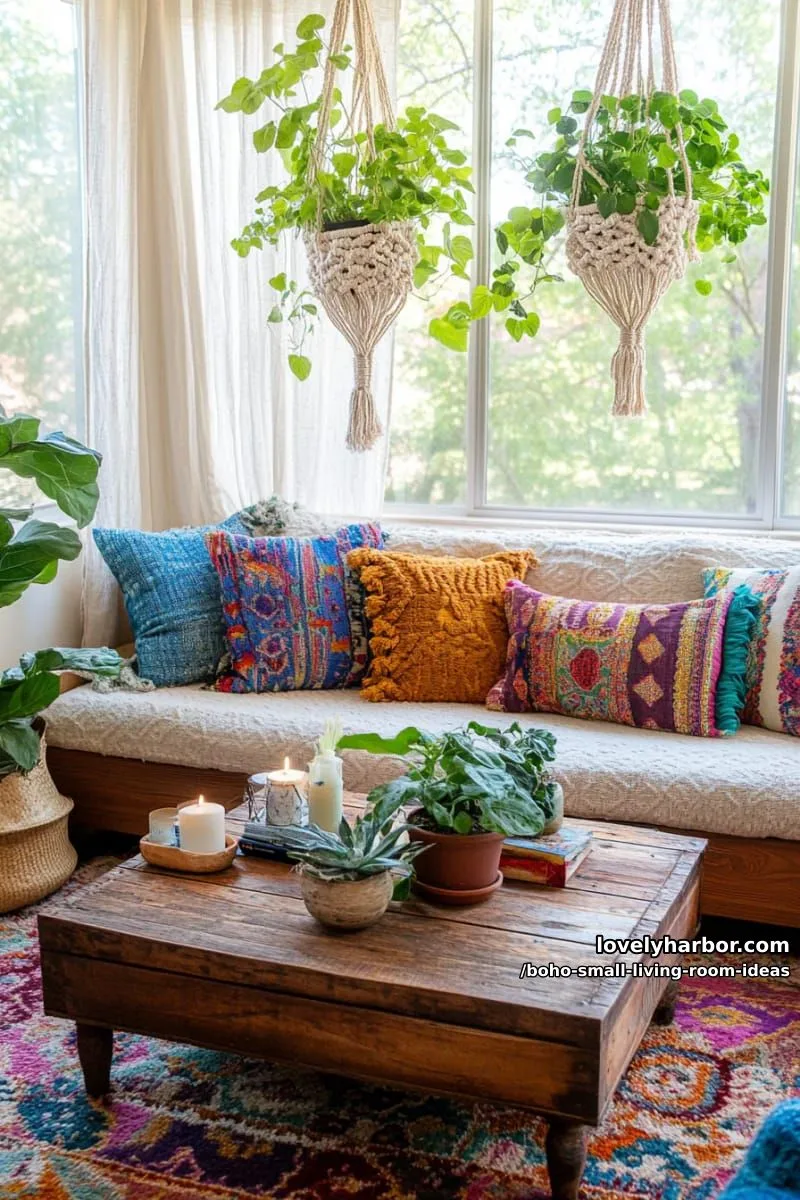 15 Boho Small Living Rooms Ideas That Turn Tiny Spaces Into Cozy Sanctuaries 11 hang macramé plant holders near sunlight-filled windows for lush greenery. 1