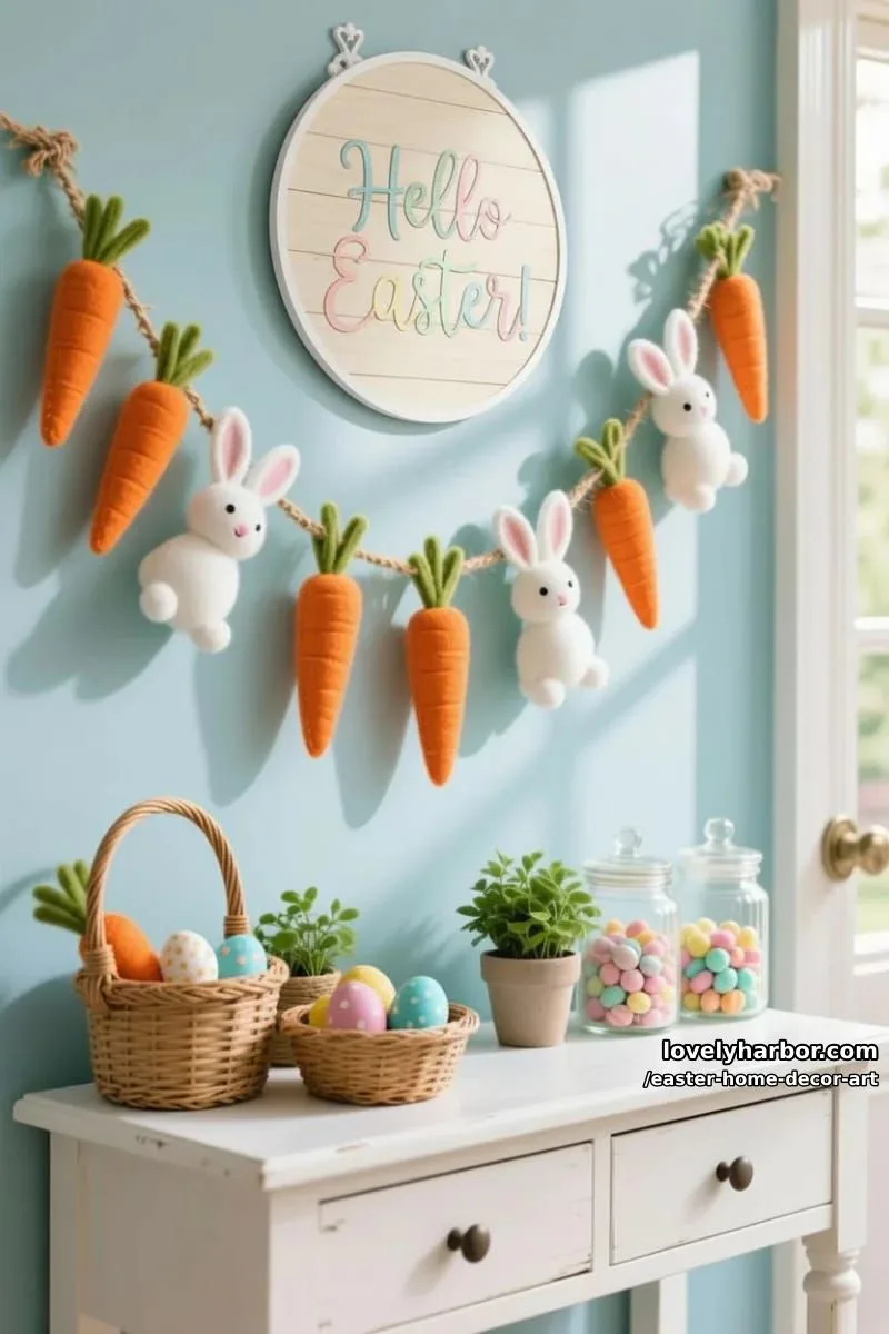 hanging carrot and bunny garland with felt and twine for entryway 1