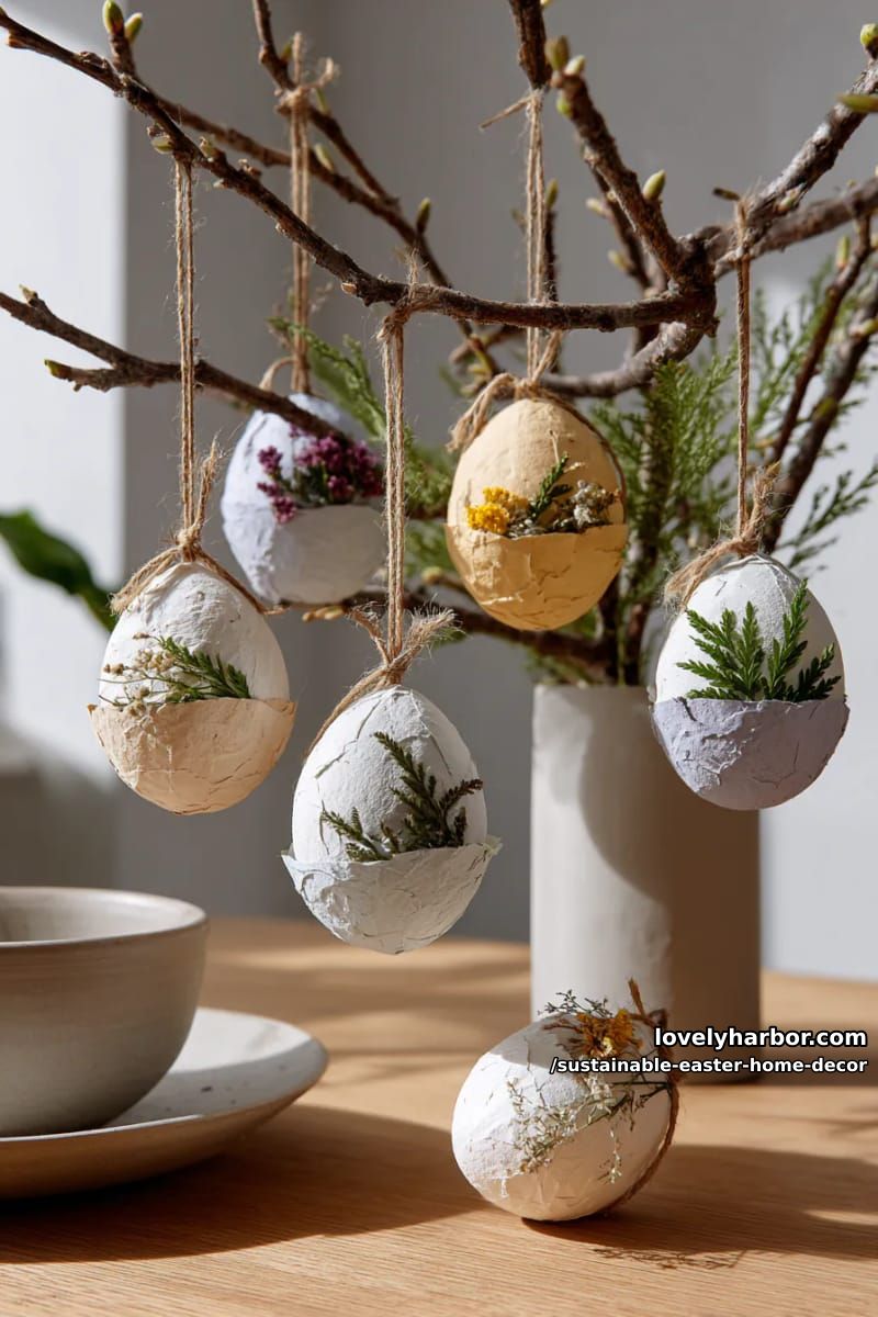 hanging egg ornaments crafted from recycled paper and dried botanicals 1