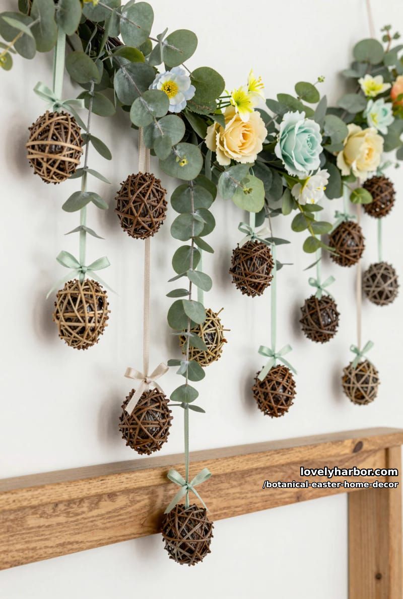 hanging eucalyptus and floral garland with woven grapevine easter eggs 1