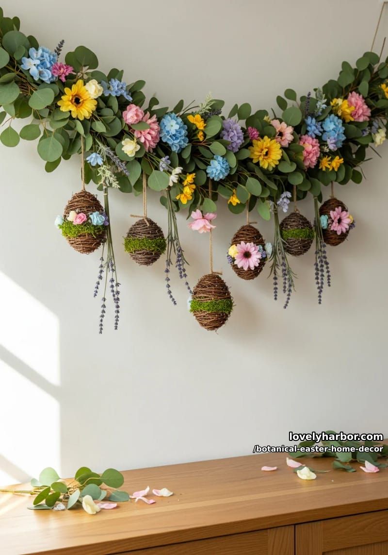 hanging eucalyptus and floral garland with woven grapevine easter eggs 1