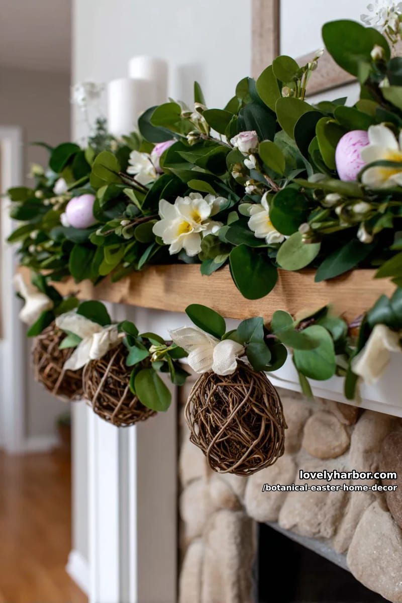 hanging eucalyptus and floral garland with woven grapevine easter eggs 1