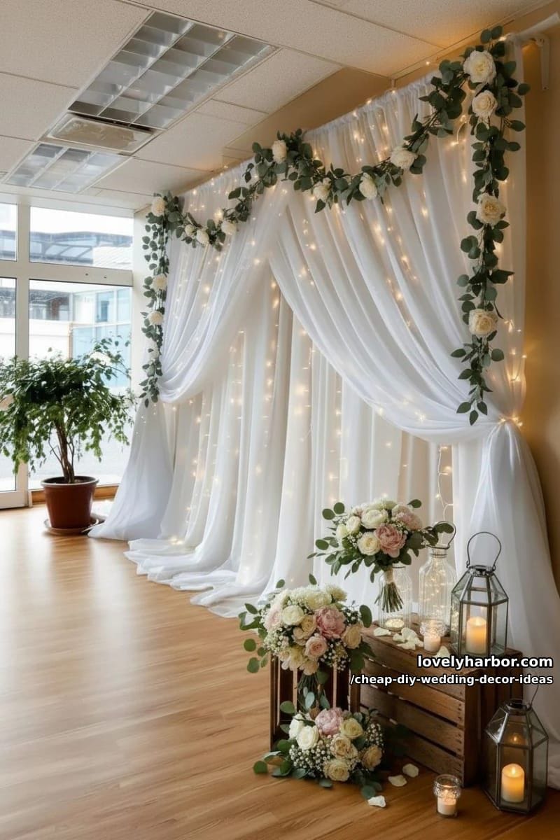 hanging fairy lights in sheer curtains for a dreamy backdrop 1