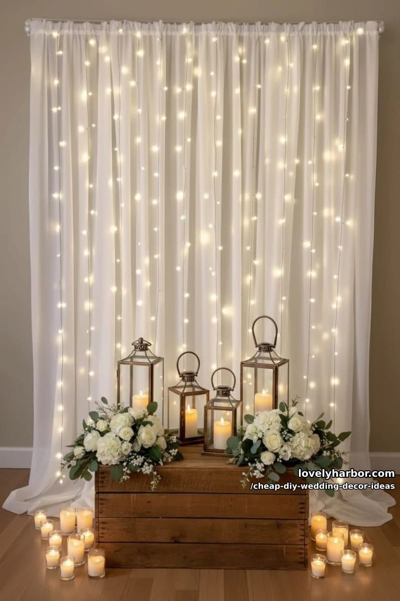 hanging fairy lights in sheer curtains for a dreamy backdrop 1