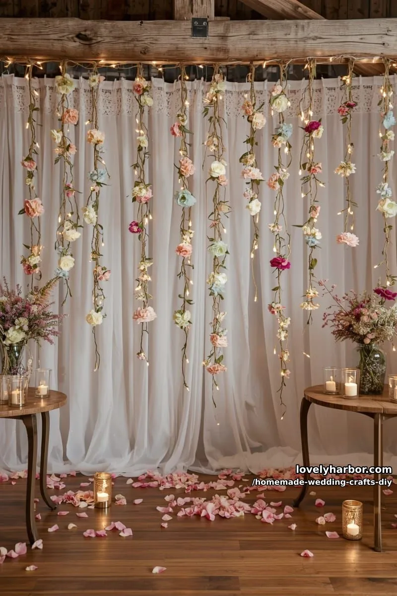 19 Homemade Wedding Crafts DIY To Wow Your Guests 41 hanging floral garlands with silk blossoms and draped fairy lights 1