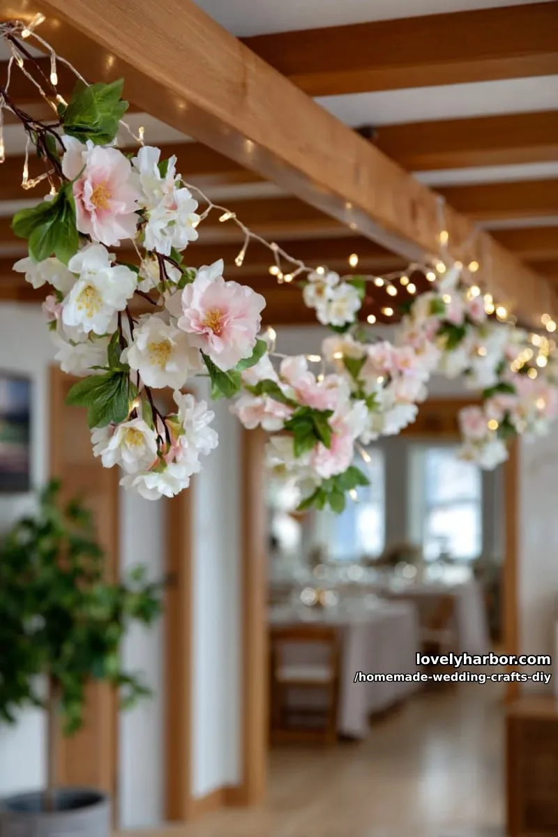 19 Homemade Wedding Crafts DIY To Wow Your Guests 42 hanging floral garlands with silk blossoms and draped fairy lights 1