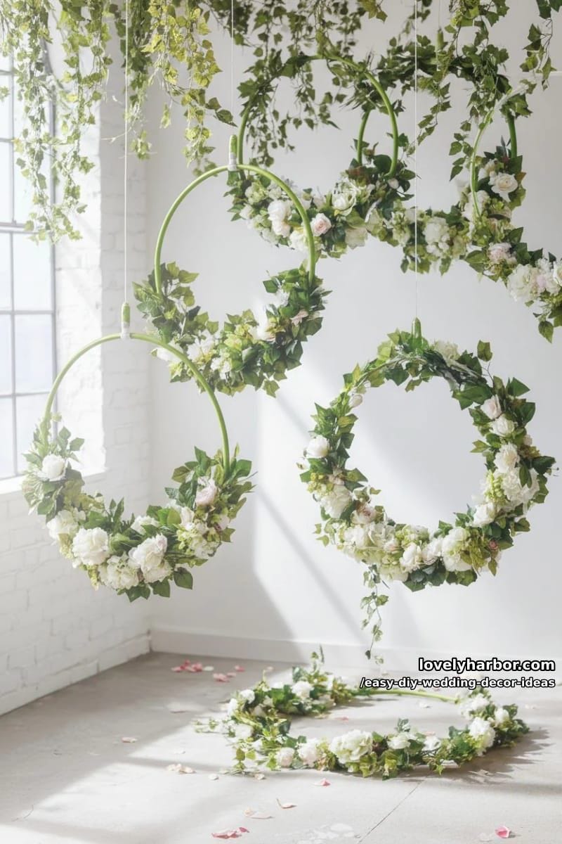 hanging floral hoops made from dollar store hula hoops and faux greenery 1