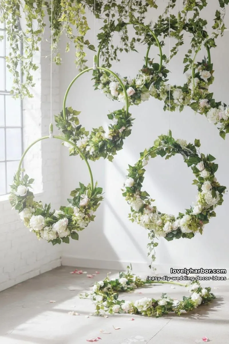 15 Easy DIY Wedding Decor Ideas for a Chic Wedding Set 4 hanging floral hoops made from dollar store hula hoops and faux greenery 1