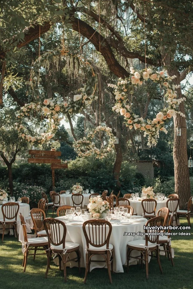 15 Easy DIY Wedding Decor Ideas for a Chic Wedding Set 5 hanging floral hoops made from dollar store hula hoops and faux greenery 1