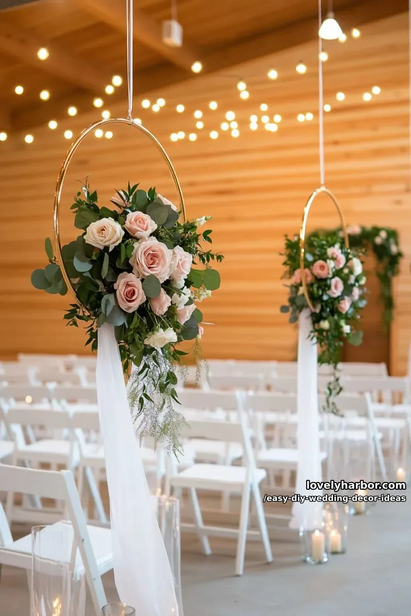15 Easy DIY Wedding Decor Ideas for a Chic Wedding Set 6 hanging floral hoops made from dollar store hula hoops and faux greenery 1