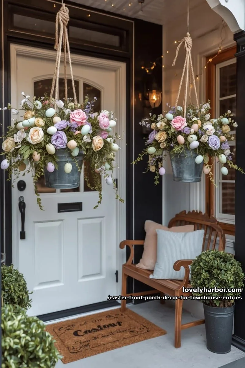 hanging galvanized buckets with cascading faux florals and pastel eggs 1