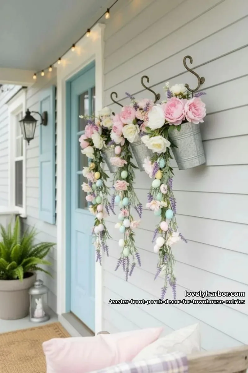 hanging galvanized buckets with cascading faux florals and pastel eggs 1