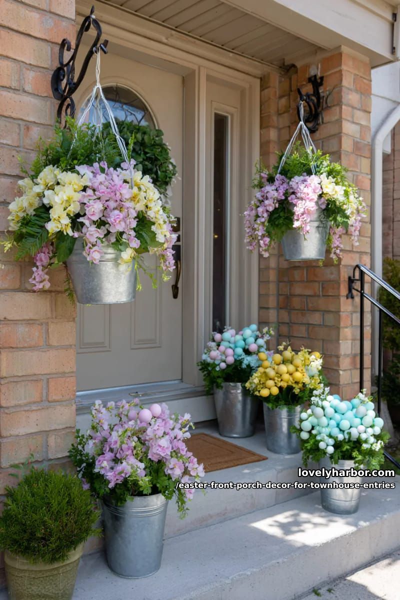 hanging galvanized buckets with cascading faux florals and pastel eggs 1