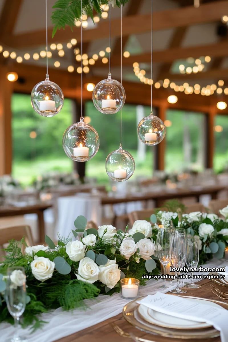 hanging glass orbs with tealights suspended above greenery garlands 1
