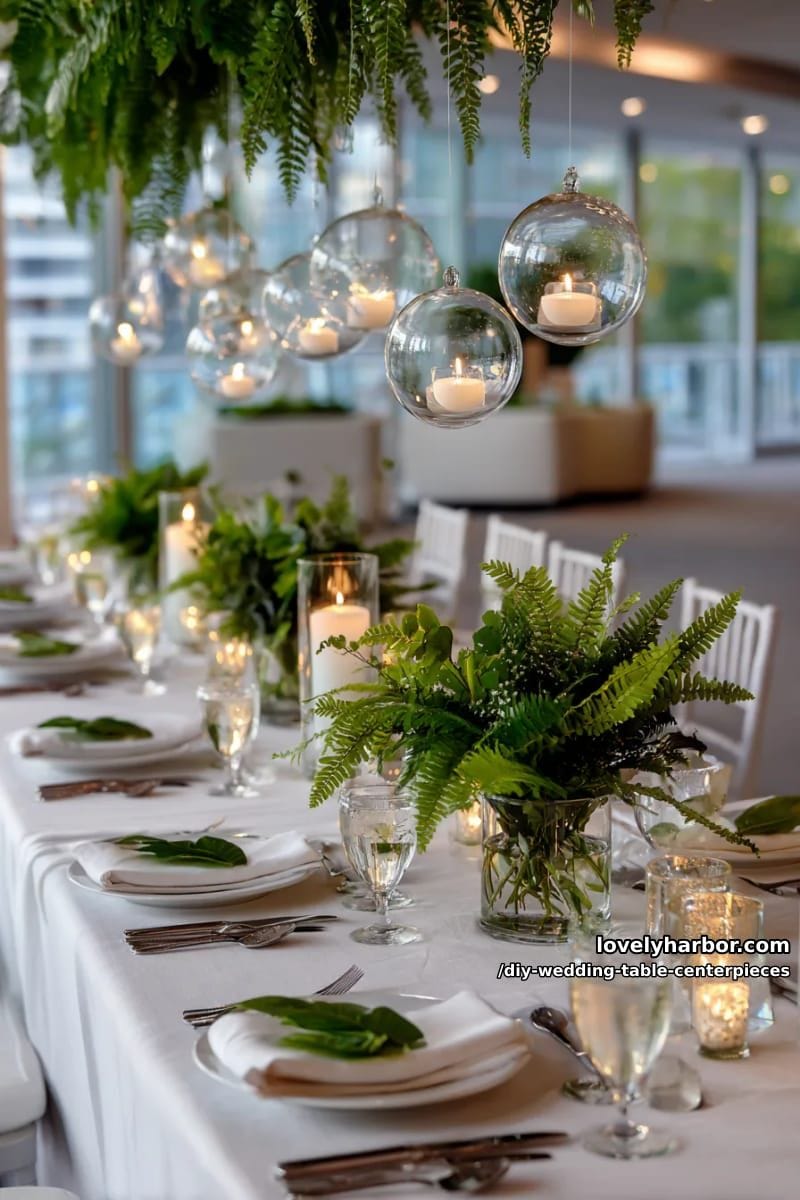 hanging glass orbs with tealights suspended above greenery garlands 1