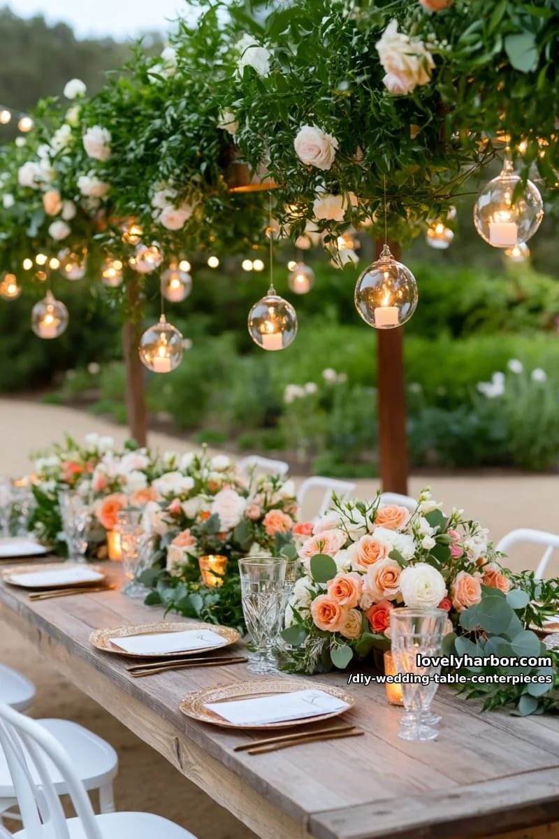 hanging glass orbs with tealights suspended above greenery garlands 1